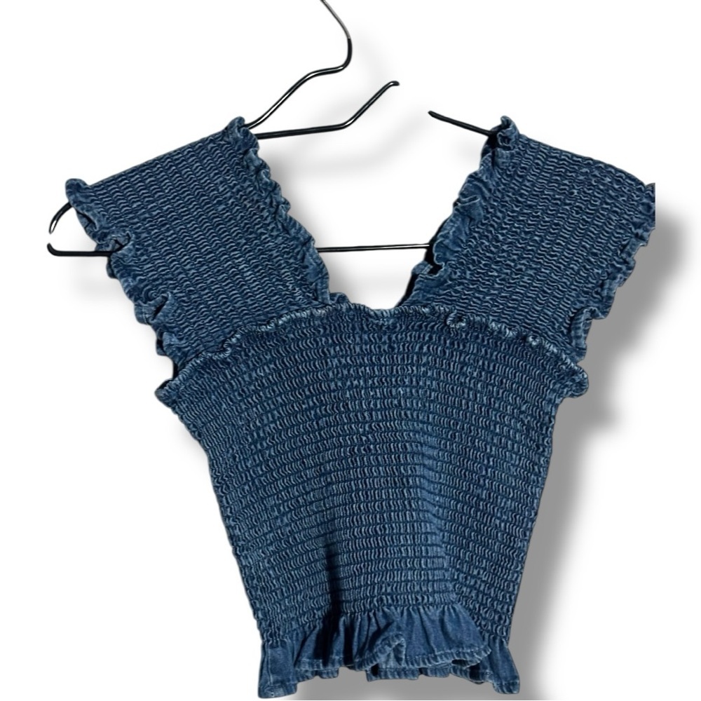 Unbranded Funky Denim Blue Smocked Women's Sleeveless Cropped Rouched Top - Picture 16 of 16